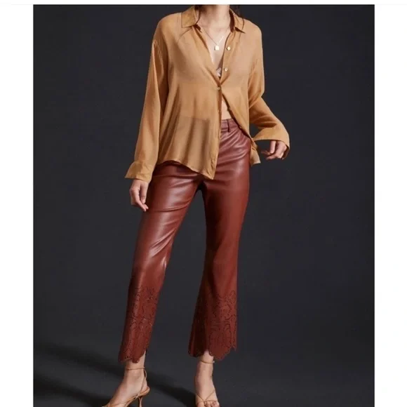 NWOT Anthropologie Laser-Cut Faux Leather Trousers Brown Size 14 Fall Autumn - Picture 14 of 17